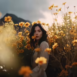 woman standing in flowery field with mountain in background