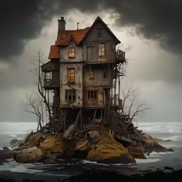 a wooden house with steps leading to a balcony sitting on an island