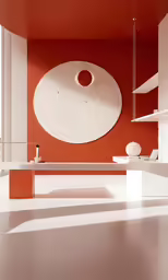 a room with a very big round stone sculpture and red walls