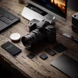 a view of a desk with laptop, mouse and camera