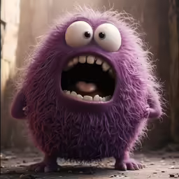 a purple furry creature in a cartoon scene