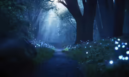 a pathway in the middle of a forest with blue lights all around it