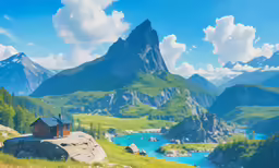 a picture of mountains and water that is also looking like a painting