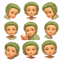 a little doll that has green hair and various facial expressions