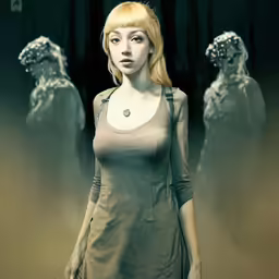 a young woman with blonde hair poses in front of two statues