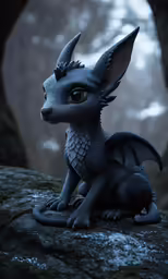 a figurine sitting on top of a rock next to trees
