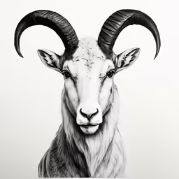 an animal with large, long horn horns is shown in black and white