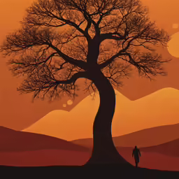 the lone man is standing under the tree in the evening
