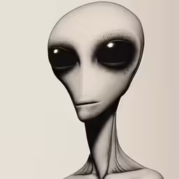 an alien looking human like creature in black and white