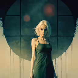 a girl is wearing a green dress and standing by a large black window
