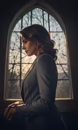 a woman is posing for the camera by a window