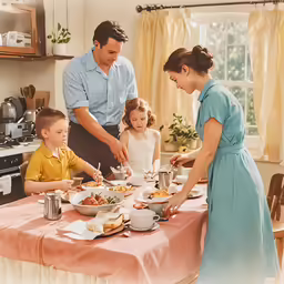 family gathered around table for thanksgiving dinner in antique home