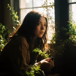 a young woman sitting in front of a window holding a cellphone