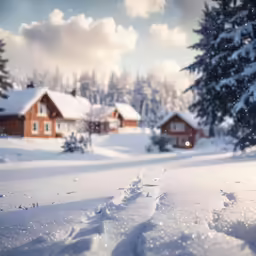 a dog track is in the snow near some houses