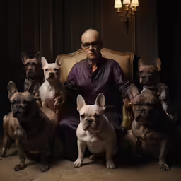 there is a man sitting in a chair with many dogs