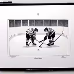 two hockey players playing ice hockey near one another,two people on ice hockeys are playing a game