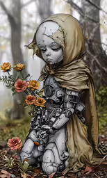an old drawing of a little girl in the woods with a flower