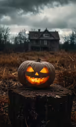 a pumpkin carved into a face on top of a stump in front of a house