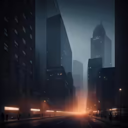 a foggy night on a city street with tall buildings