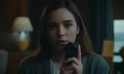 a woman in grey shirt holding up camera in room