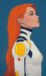 a woman with long hair wearing an orange and white suit