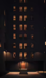 a dark building with a bench lit by the windows