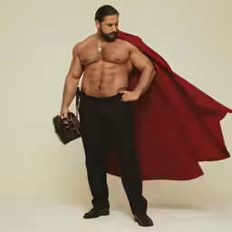 a man in a red cape and black pants standing