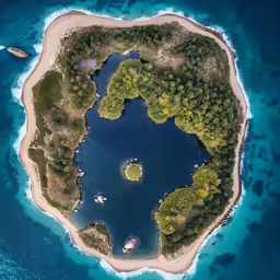 an island in the water with two large lakes surrounded by trees