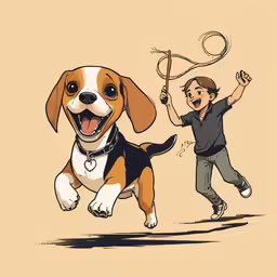 a small boy chasing after a dog on a leash