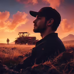 the man in the hat is on a farm while the sunsets