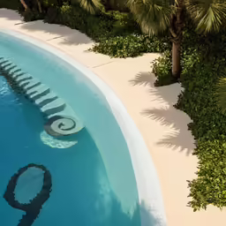 an aerial view of the swimming pool in front of a tropical setting