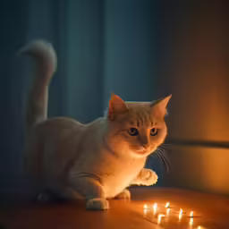 an orange and white cat is next to a lit birthday cake with candles