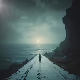 a lone man is standing on a snowy pathway looking at the ocean