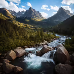 a mountain river flowing in between rocky mountain sides