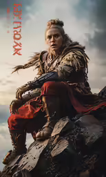 an image of a woman in armor sitting on the rocks