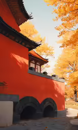 an orange building with an oriental roof near trees