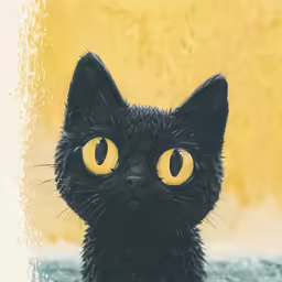 a black cat with yellow eyes staring into the distance