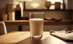 a glass of milk sitting on top of a wooden table