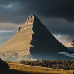 a tall mountain with mist coming from the mountains