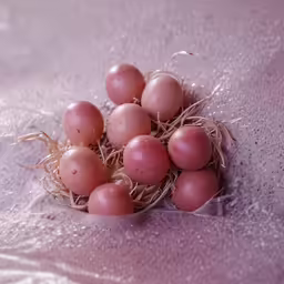 a small pile of red eggs sitting on a purple cloth