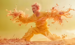 a young person in yellow jumpsuit and is doing an artistic fashion