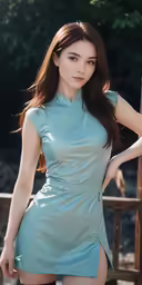 an oriental woman in a blue dress posing