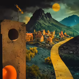 a painting of a yellow road and an orange and black street