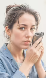 a woman in blue shirt on cellphone