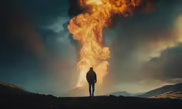 there is a man standing alone on a hill by a giant volcano