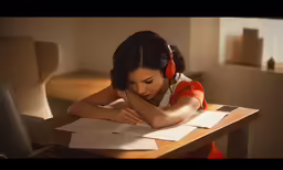 a woman in headphones sitting at a table