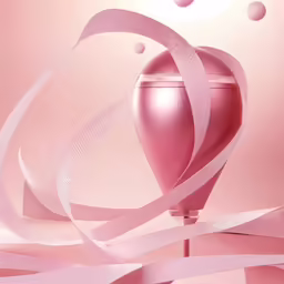an illustration of a pink vase with ribbons on a pink background