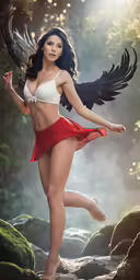 an attractive lady with black wings standing in the woods
