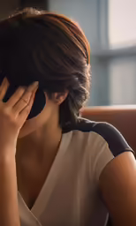 the lady is sitting on her laptop talking on the phone