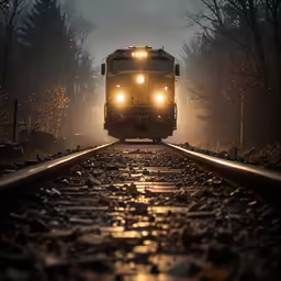 a train traveling down train tracks through a forest